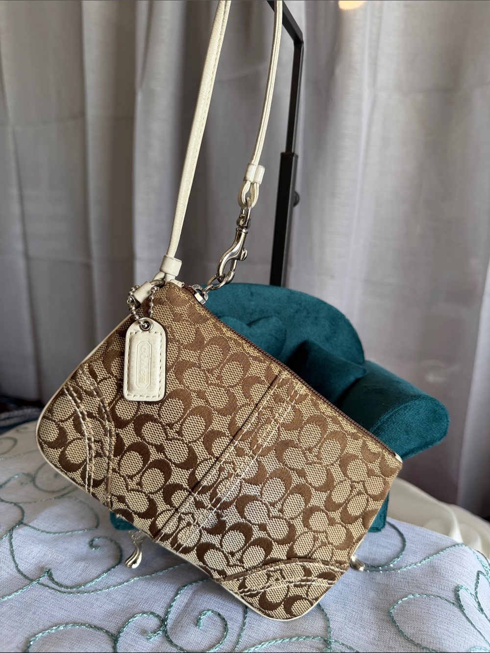 Coach Brown and Cream Signature Canvas Wristlet with Ivory Strap